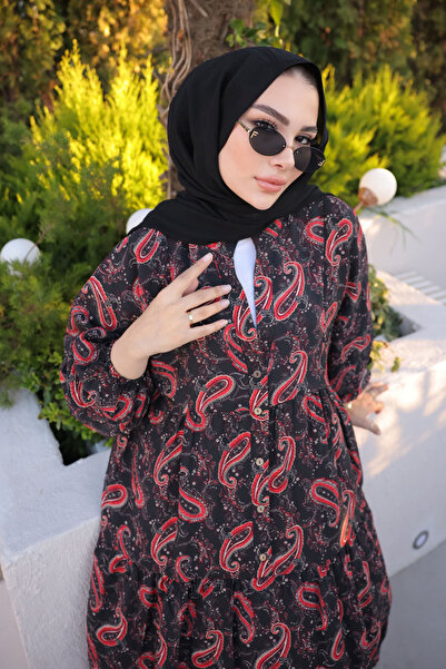 İmajButik Black Half Button Skirt Layered Dress