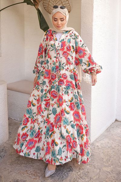 İmajButik Φόρεμα με λουλούδια ρόδι με μισό κουμπί