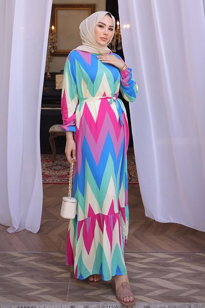İmajButik Φούξια Μπλε Φόρεμα με μοτίβο με στρώσεις βισκόζης