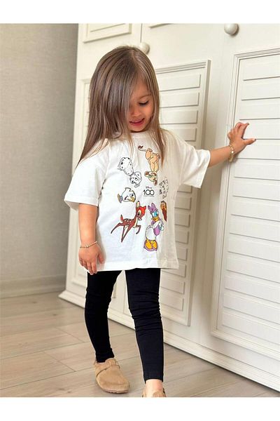Motebarn Wear طقم بناتي طويل مطبوع عليه حيوانات باللون الأبيض