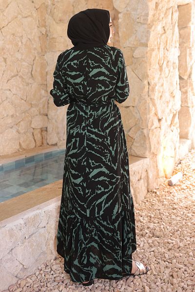 İmajButik Σμαραγδένια Πράσινη Φούστα με Σχέδιο Πολυεπίπεδο Φόρεμα Viscon