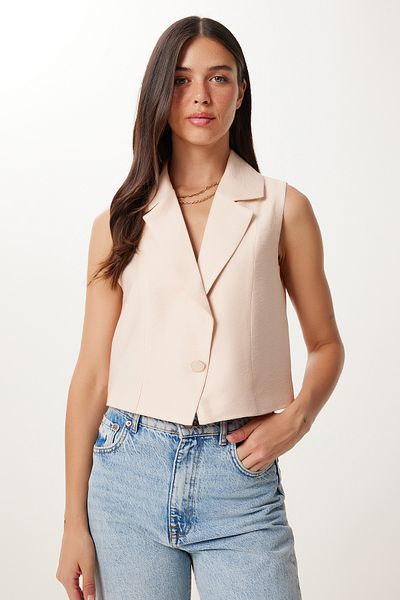 Lovelyİstanbul Linen Crop Vest - Shawl Collar, Cream Color, Lto0006