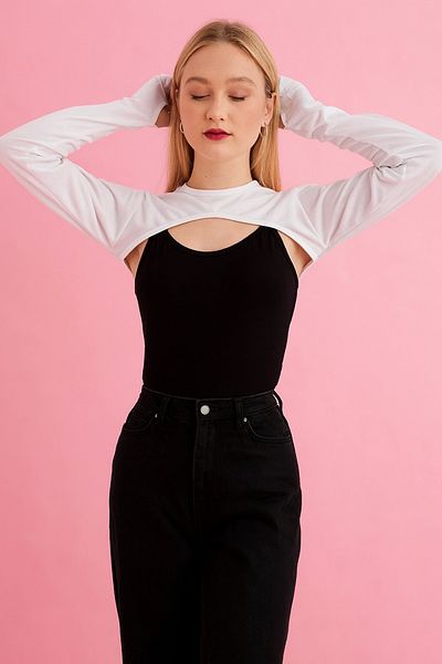 mirach Finger Detailed Neck Collar Sleeves - White Crop Body Long Sleeve Fisherman Long Sleeve Hijab Bodysuit