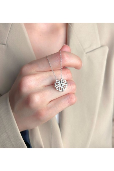 OGO SİLVER 925 Ayar Gümüş ( Işıklı Kutu Hediye ) Kalp Zinciri Baget Taşlı Mıknatıslı Açılır Kalp Kolye