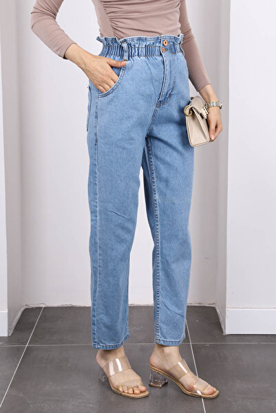İmajButik Koyu Mavi Bel Lastikli Mom Jeans Pantolon