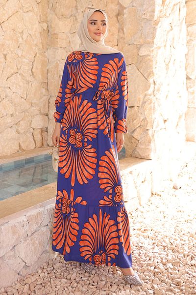 İmajButik Φόρεμα Saks με μπλε μοτίβο φούστα με στρώσεις Viscon