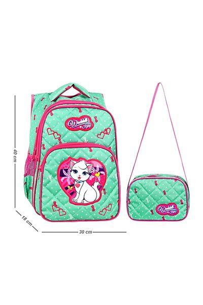 Linea Waddell 3 Compartment Primary School and Lunch Box - White Cat Water Green 24002