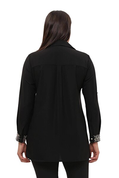 Hanezza " Handmade " Jessica El Işlemeli Krep Kumaş Abiye Gömlek - Büyük Beden Şıklığı