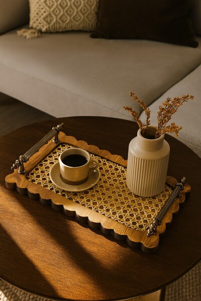 arykanda AHŞAP HAZERAN SUNUM TEPSİSİ RATTAN TEPSİ