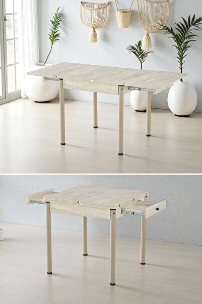 DENGEMA Neva Açılır Kapanır Mutfak Masası – Traverten Desen, Kapuçino Ayak, 80x80/160 cm