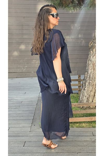 Park Moda Rochie din mătase italiană cu franjuri cu paiete cu decolteu în V