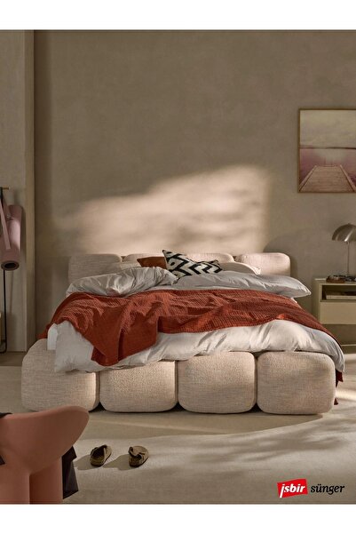 Mobilya Stant Most Oktagon Bazalı Mdf Karyola 180x200 Bej Bukle Kumaş İşbir Kuştüyü Sünger(Evinize Teslim)