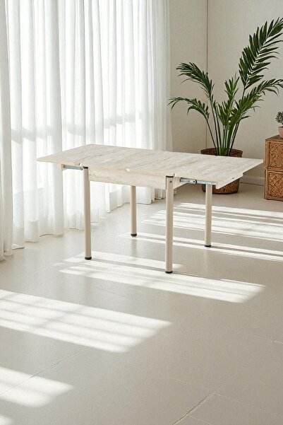 DENGEMA Neva Açılır Kapanır Mutfak Masası – Traverten Desen, Kapuçino Ayak, 80x80/160 cm