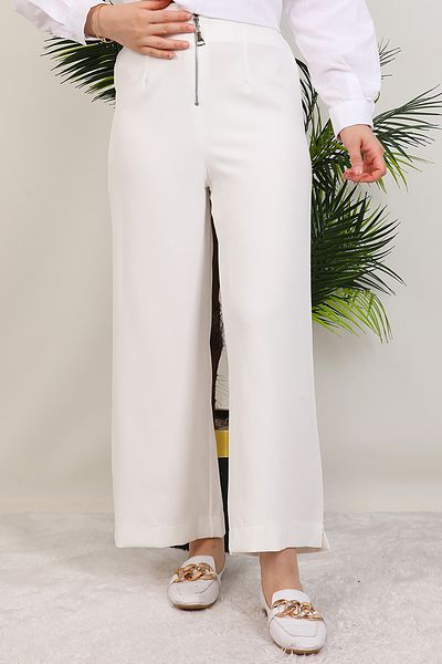 GİYZAMİLA Front Zipper Trousers White