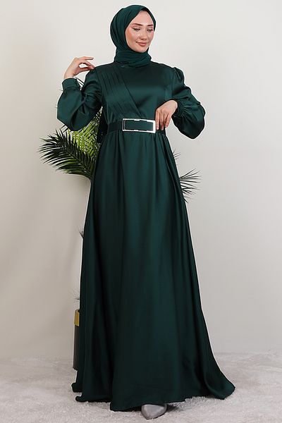 Giza Giyim Μπροστινό Πλισέ Βραδινό Φόρεμα Hijab Emerald
