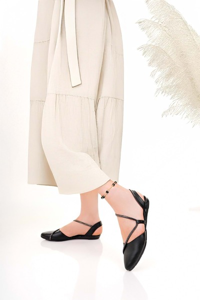 bulutmod حذاء باليرينا نسائي أسود BA04251 مفتوح الجانب بتصميم حجري كبير الحجم...