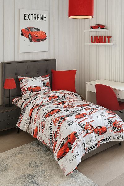 Violacasa Single Youth Room Duvet Cover Set with Elastic Sheet Red Car
