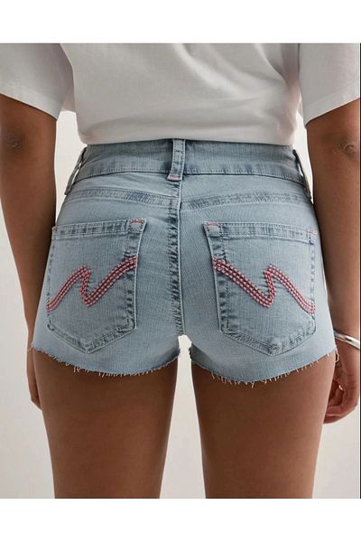 VibeGaia Pantaloni scurți din denim cu talie joasă, roz, cu cusături, scurti deschisi