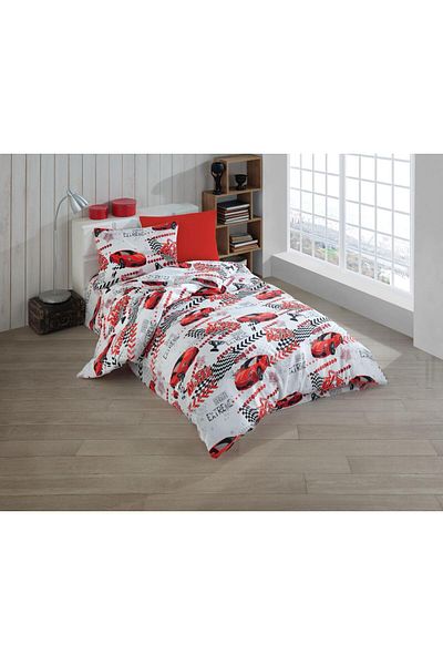 Violacasa Single Youth Room Duvet Cover Set with Elastic Sheet Red Car