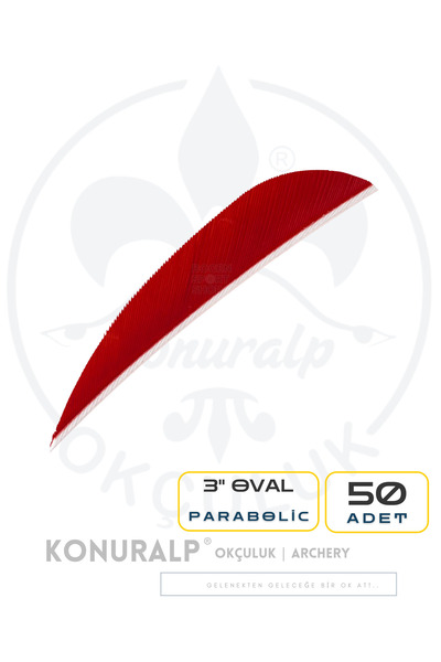 KONURALP OKÇULUK 3 Inç Gerçek Tüy / Oval-parabolik / Kırmızı / 50 Adet - Gele...