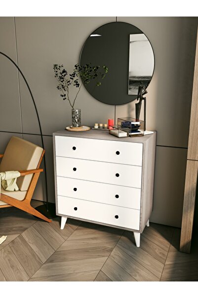 MONTENERO Şifonyer Cordoba Parlak Beyaz-kahverengi 4 Çekmeceli Country Şifonyer Komodin