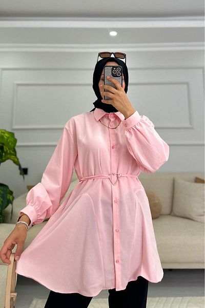 HİFADEN Women's Waist Tie Heart Buckle Detailed Hijab Shirt