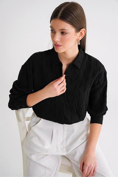 Mixray 4671 Women's Leaf Patterned Long Sleeve Basic Shirt Black