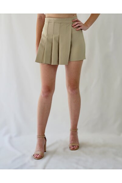 YAXİ Fusta scurtă țesută pentru femei, cu pliuri de culoarea pietrei
