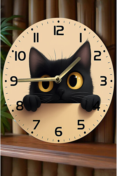kutuTR Şirin Bakışlara Zaman Ayırın – 3D Görünümlü Siyah Kedi MDF Duvar Saati sdw229