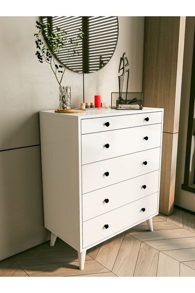 MONTENERO Şifonyer Parlak Beyaz 5 Çekmeceli Country Şifonyer Komodin Ahşap