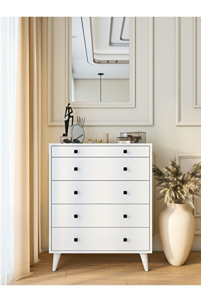 MONTENERO Şifonyer Parlak Beyaz 5 Çekmeceli Country Şifonyer