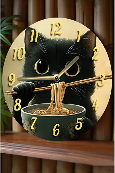 kutuTR NoodleCat – Sevimli Siyah Kedili 3D Görünümlü MDF Duvar Saati sdw228