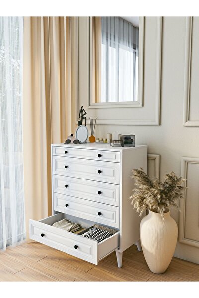 MONTENERO Şifonyer Parlak Beyaz 5 Çekmeceli Country Şifonyer