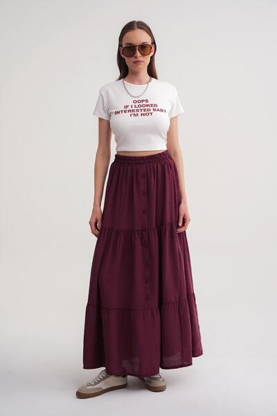 Mixray 4662 Women's Button Detailed Gathered Modal Skirt Claret Red