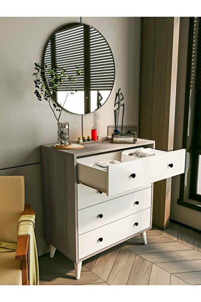 MONTENERO Şifonyer Cordoba Parlak Beyaz-kahverengi 4 Çekmeceli Country Şifonyer Komodin