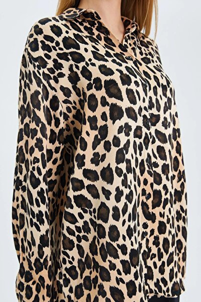 Mixray 4106 Leopard Pattern Satin Shirt Beige