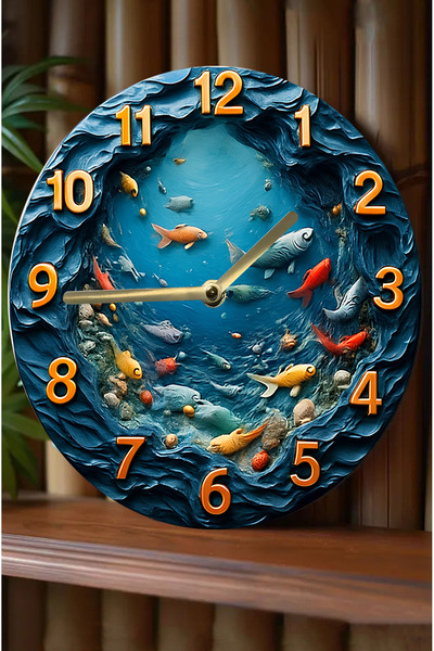 kutuTR Akvaryum ve Balık Temalı MDF Duvar Saati – 3D Görünümlü, Sessiz Quartz Mekanizma, 2D HD Baskı sdw243
