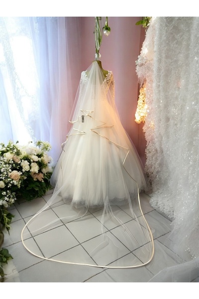 GÖKŞİN MODA 3Mt Long Cream Bridal Veil with Long Tulle