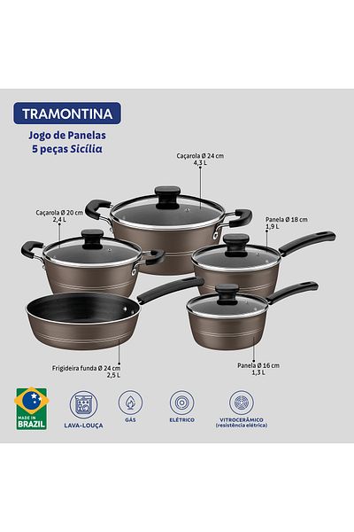 TRAMONTINA Since 1911, Made In Brazil - Sicilia 9 Pieces Hazelnut Aluminum Cookware Set - Nonstick Coating