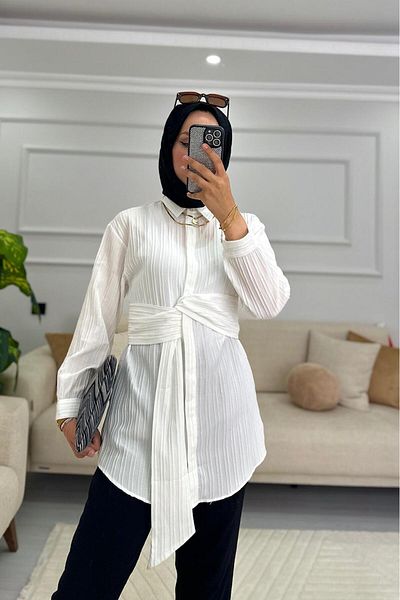 HİFADEN Γυναικείο μακρυμάνικο πουκάμισο Hijab με λεπτομέρεια ζώνης
