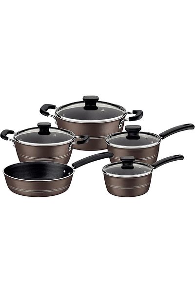 TRAMONTINA Since 1911, Made In Brazil - Sicilia 9 Pieces Hazelnut Aluminum Cookware Set - Nonstick Coating