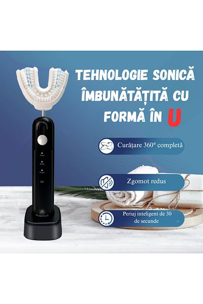 BIRAI Periuță de dinți electrică, BIRAI în formă de U 360, curățare și albire, încărcare wireless, neagră