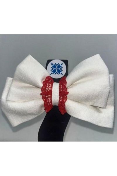 Dota Neamului White Linen Dota Hair Bow With Red Lace