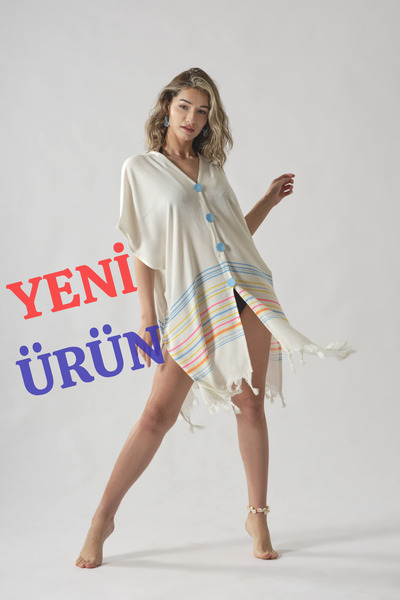 ROZET TEKSTİL Rochie de plajă de vară din bumbac cu nasturi albaștri Mărime s...