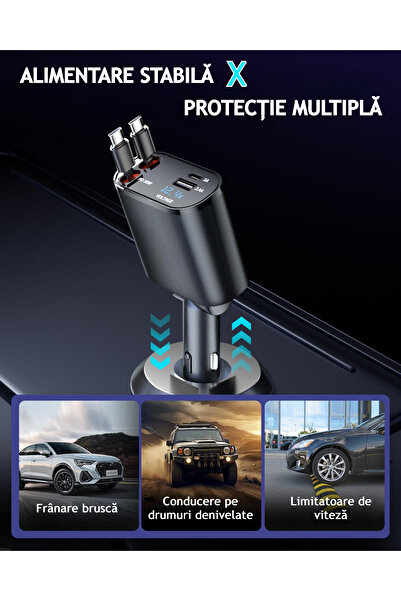 VENTLEX 4 In 1 Retractable Fast Car Charger, Digital Voltage Display, With Two Retractable Type C Cables