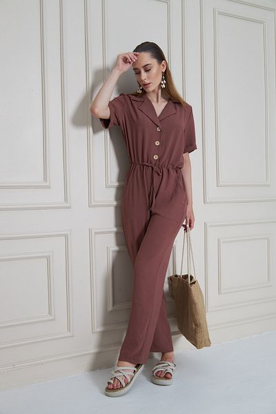 Pasaklı Giyim Women's Dusty Rose Buttoned Pockets Drawstring Waist with Belt Short Sleeve Jacket Collar Casual Jumpsuit 2622374