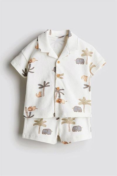 Motebarn Wear Boy's Animal Patterned Woven Shirt-Shorts Suit White