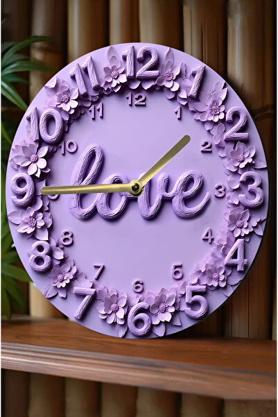 kutuTR 💜🌸 LoveTime – Çiçekli Mor 3D Görünümlü Duvar Saati 🌸💜 sdw263