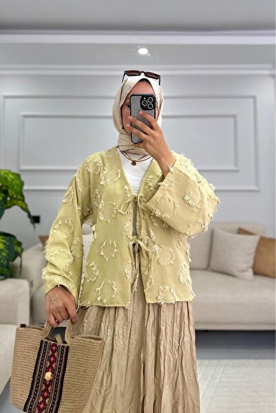 HİFADEN Women's Tasseled Tie Detail Hijab Kimono