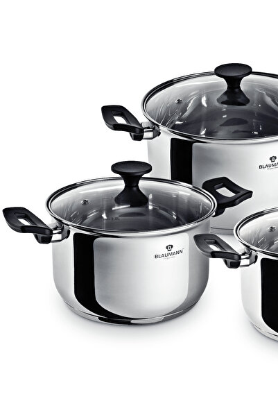 Blaumann Stainless Steel Cookware Set 6 Pcs Pots Lids 16/18/20 Cm Gourmet Line Induction Dishwasher Safe